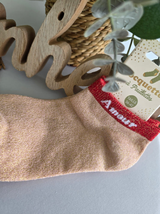 AMOUR - Socquette à Paillette Beige Rosé