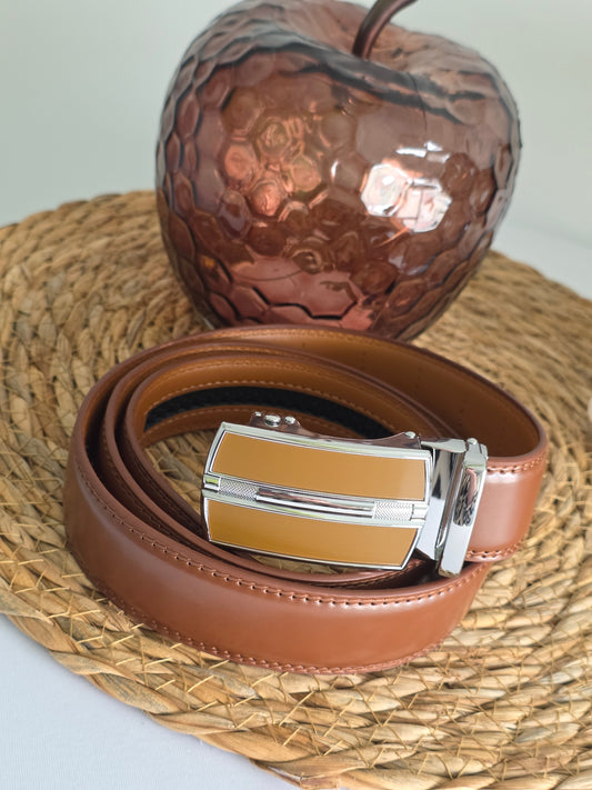 Ceinture Automatique en Cuir Camel Argenté