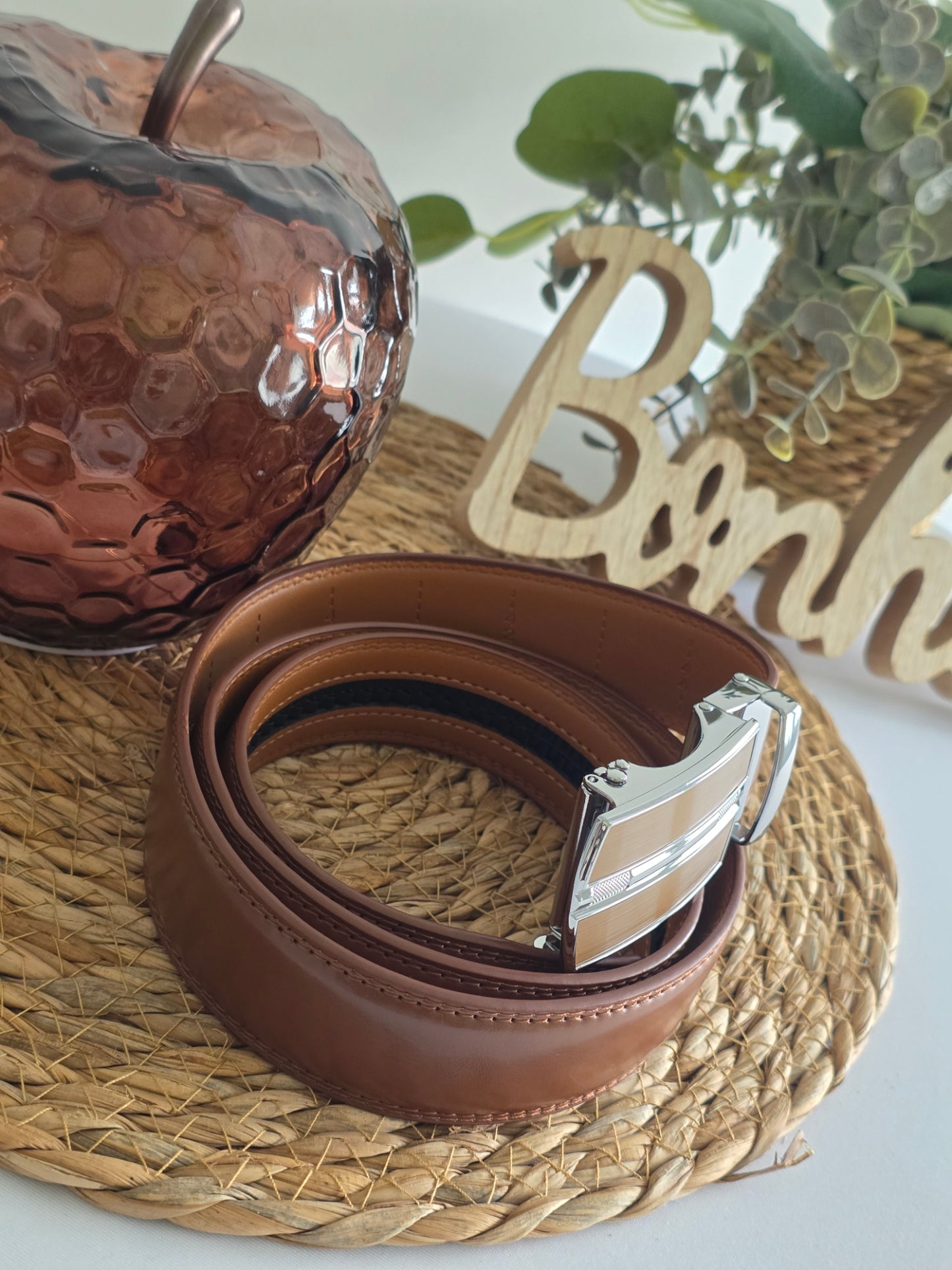 Ceinture Automatique en Cuir Camel Argenté