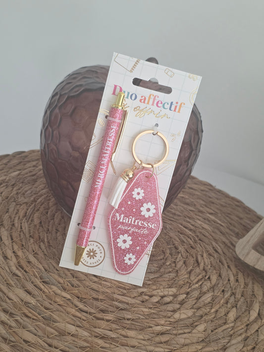 Duo Paillettes Porte-Clés et Stylo Maîtresse Rose