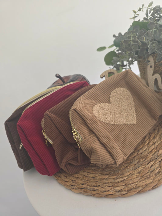 Trousse de Toilette Velours Cœur Kaki