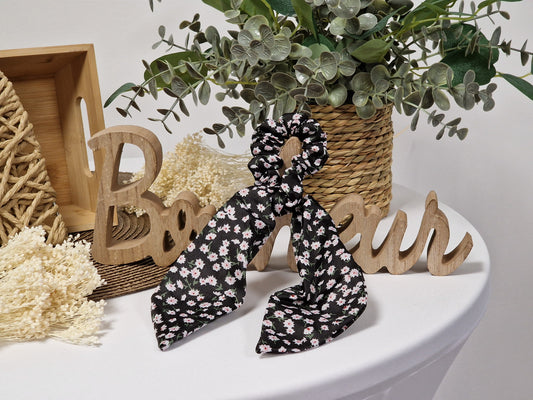 Les Accessoires à Cheveux - Chouchou Foulard Bohème Noir Fleur Rose