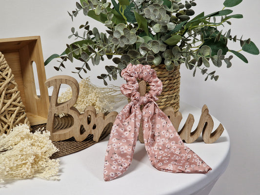 Les Accessoires à Cheveux - Chouchou Foulard Bohème Vieux Rose Fleur Blanche
