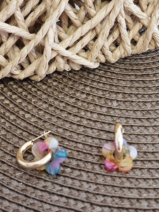 Notre Collection de Bijoux - Boucle d'Oreille Anneau Doré Fleur Colorée