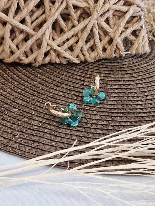 Notre Collection de Bijoux - Boucle d'Oreille Anneau Doré Fleur Verte