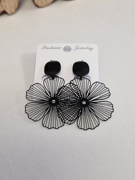 Notre Collection de Bijoux - Boucle d'Oreille Fleur Tropical Noir