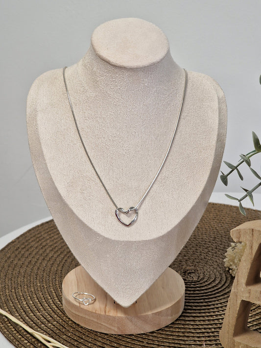 Notre Collection de Bijoux - Parure Pendentif Cœur et Bague Argenté