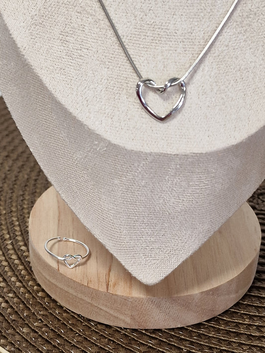 Notre Collection de Bijoux - Parure Pendentif Cœur et Bague Argenté
