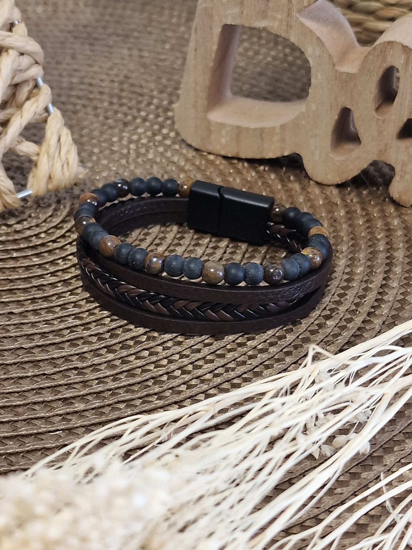 Notre Collection de Bijoux - Bracelet Masculin Tressé perle Marron