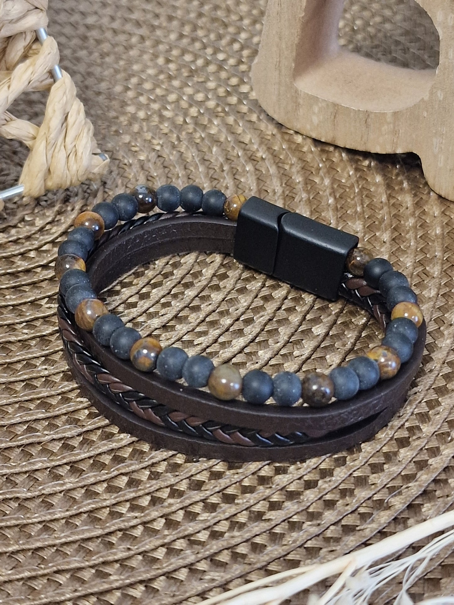 Notre Collection de Bijoux - Bracelet Masculin Tressé perle Marron