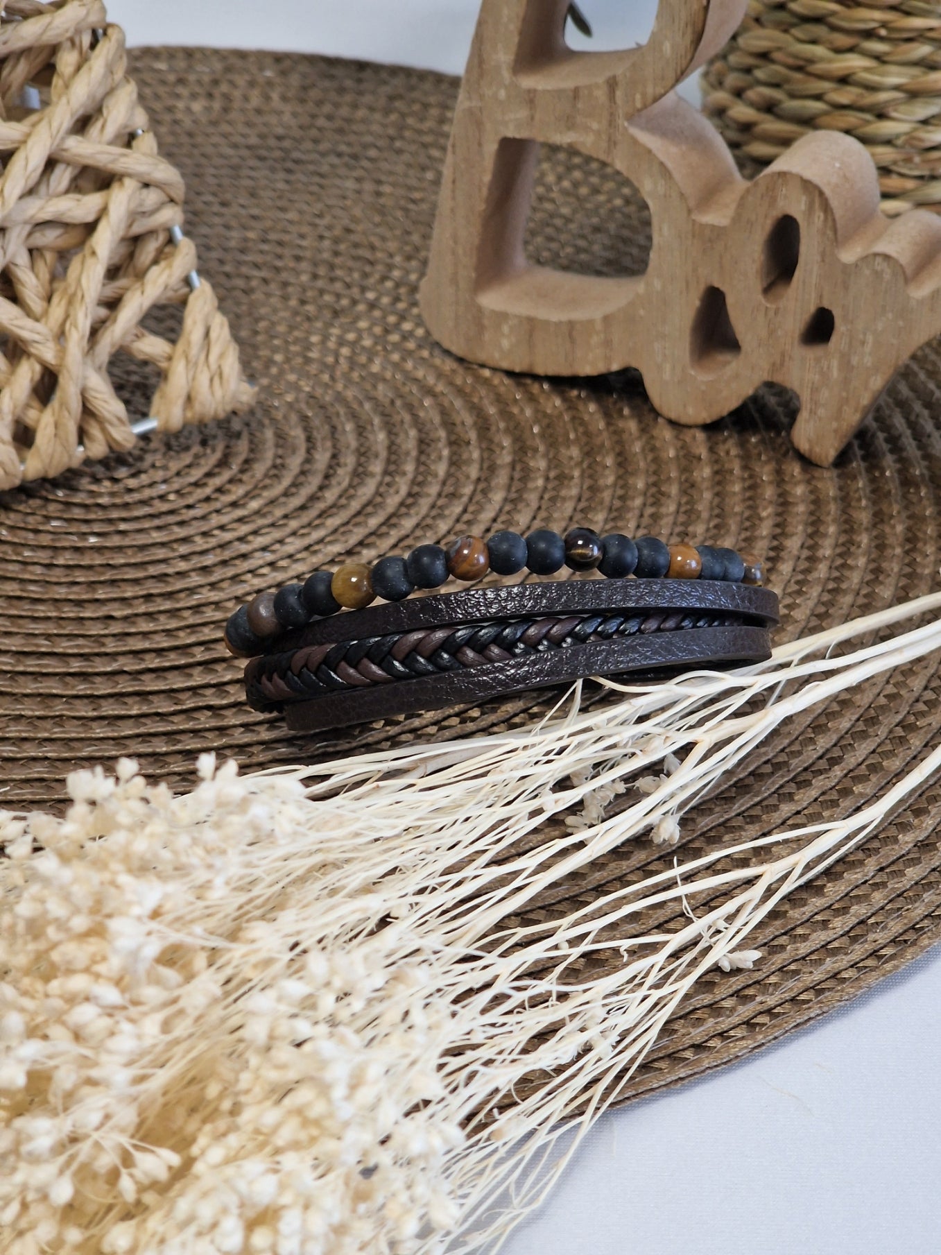 Notre Collection de Bijoux - Bracelet Masculin Tressé perle Marron