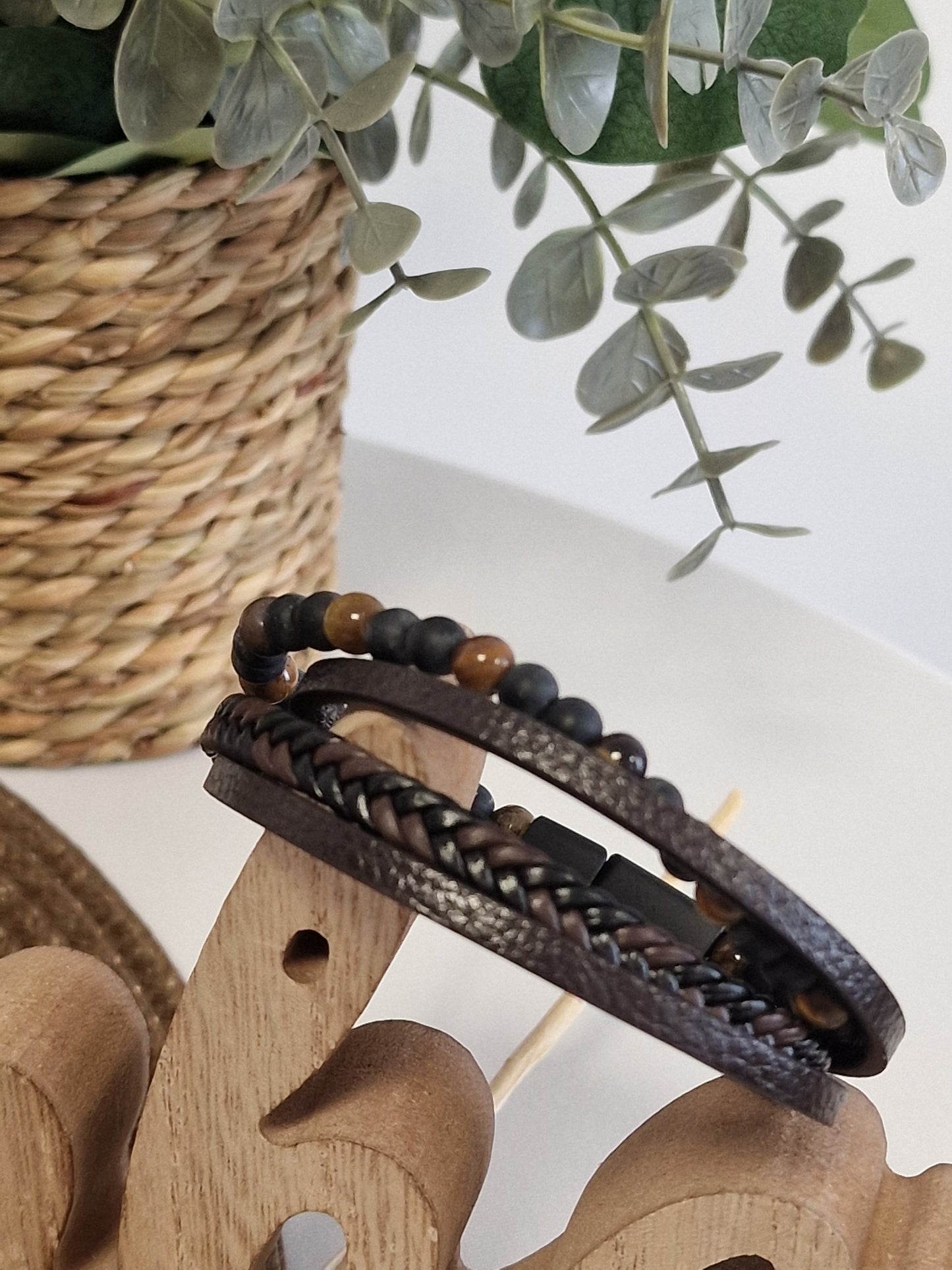 Notre Collection de Bijoux - Bracelet Masculin Tressé perle Marron