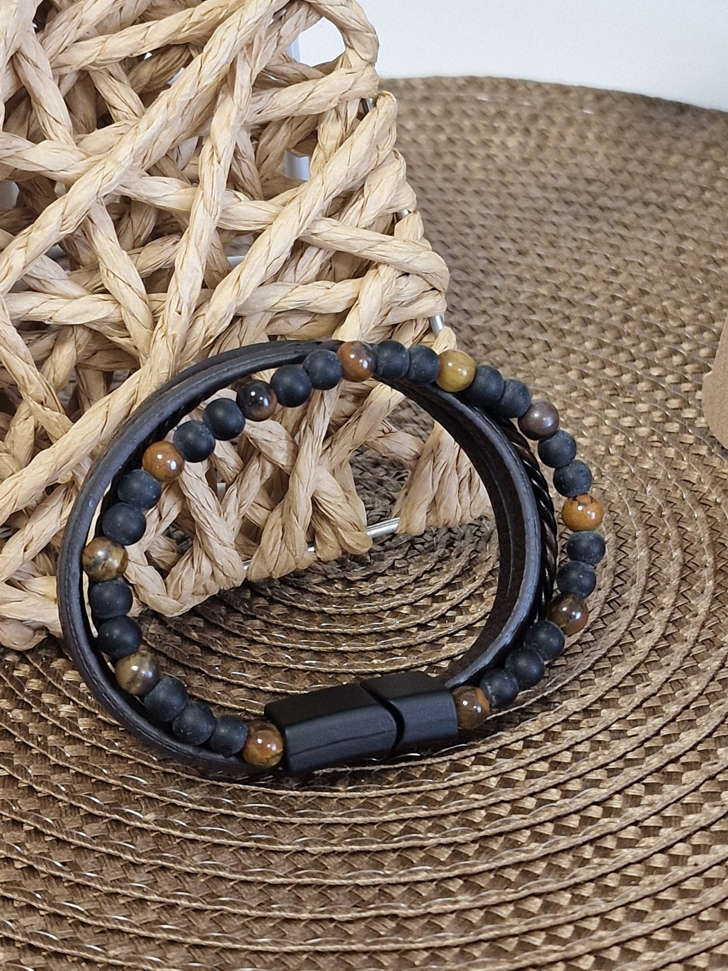 Notre Collection de Bijoux - Bracelet Masculin Tressé perle Marron