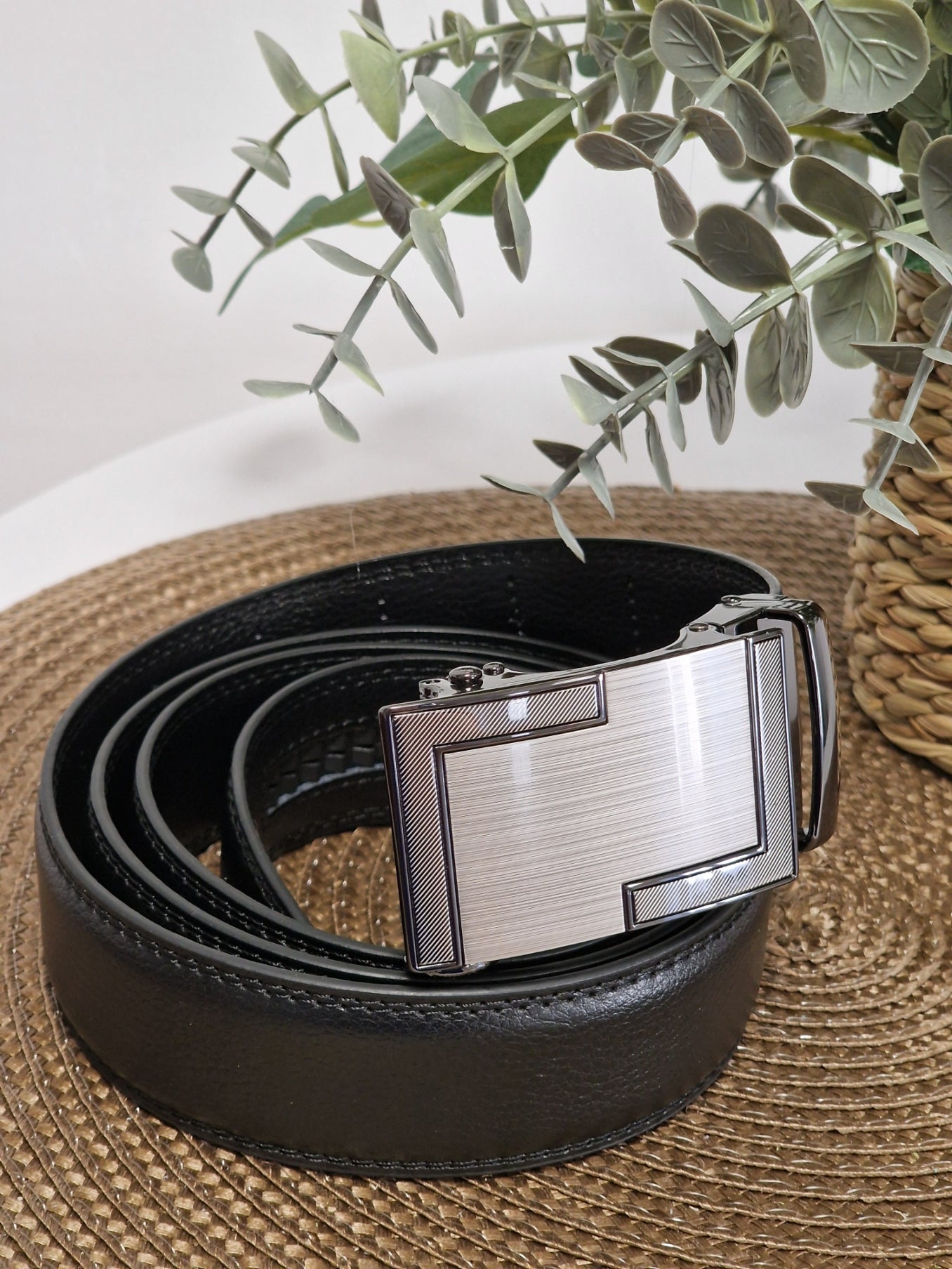 Ceinture Automatique en Cuir de Vachette Noir et Gris Argenté