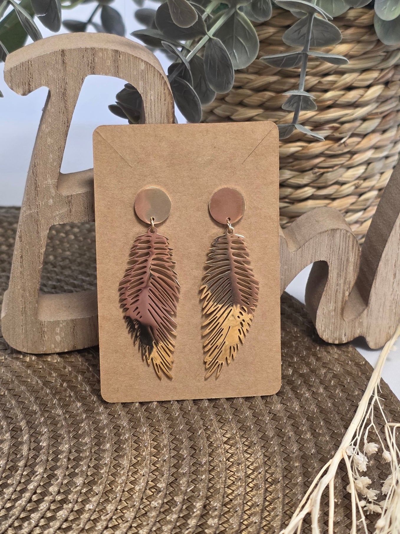 Notre Collection de Bijoux  - Boucle d'Oreille Pendante Feuille Doré