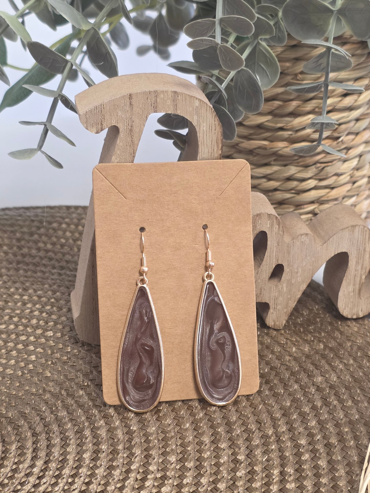 Notre Collection de Bijoux - Boucle d'Oreille Goutte d'Eau Doré et Marron