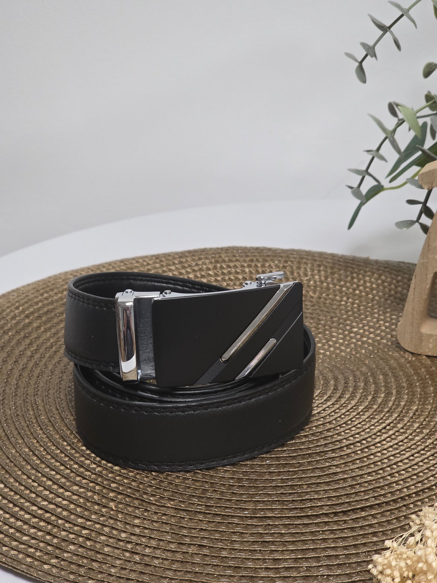 Ceinture Automatique en Cuir Vachette Noir Argenté