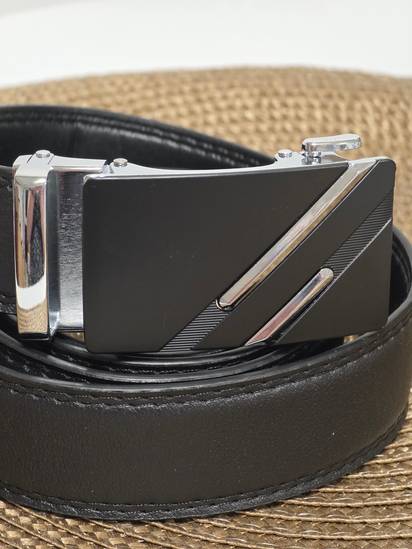 Ceinture Automatique en Cuir Vachette Noir Argenté