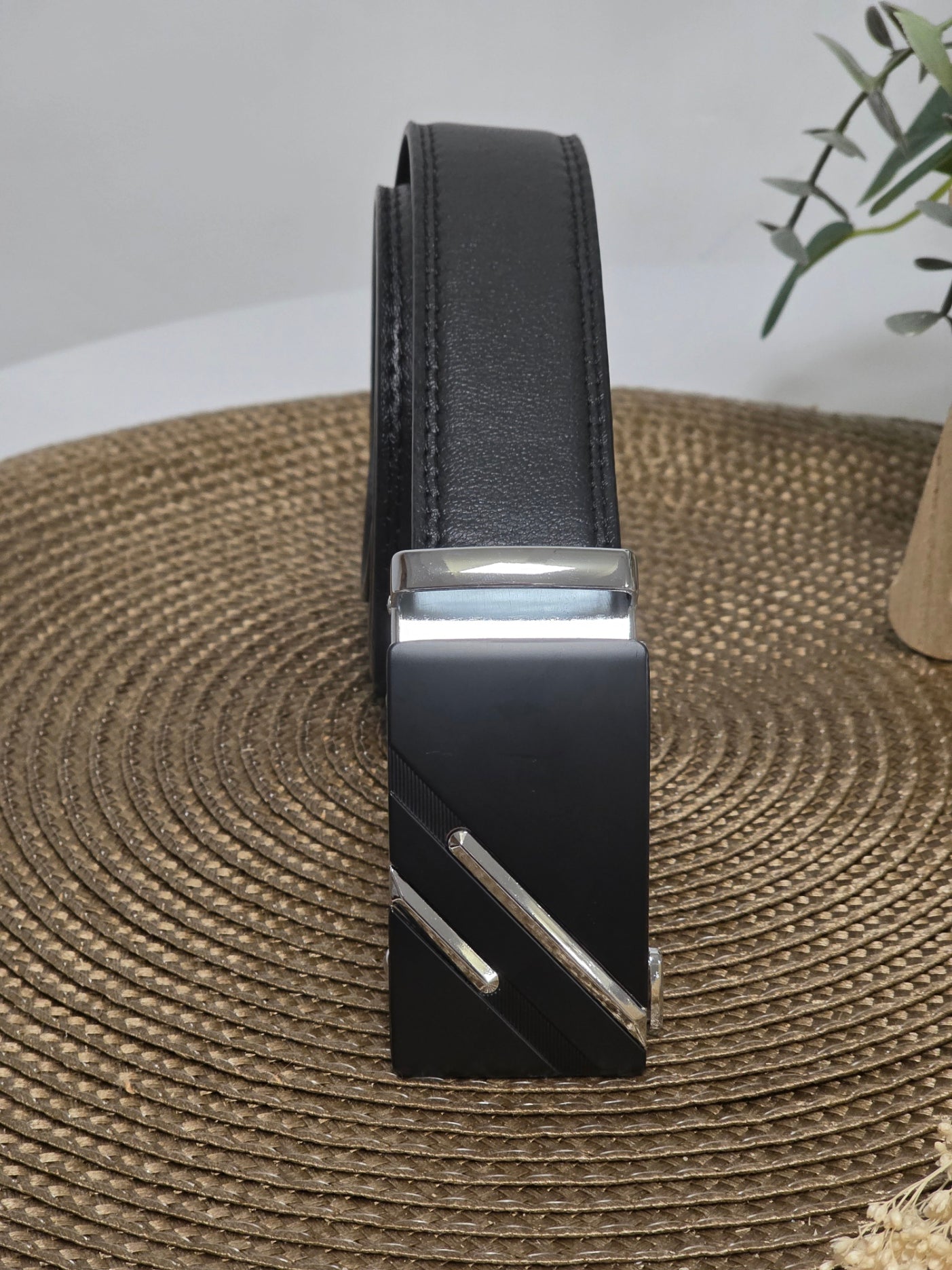 Ceinture Automatique en Cuir Vachette Noir Argenté