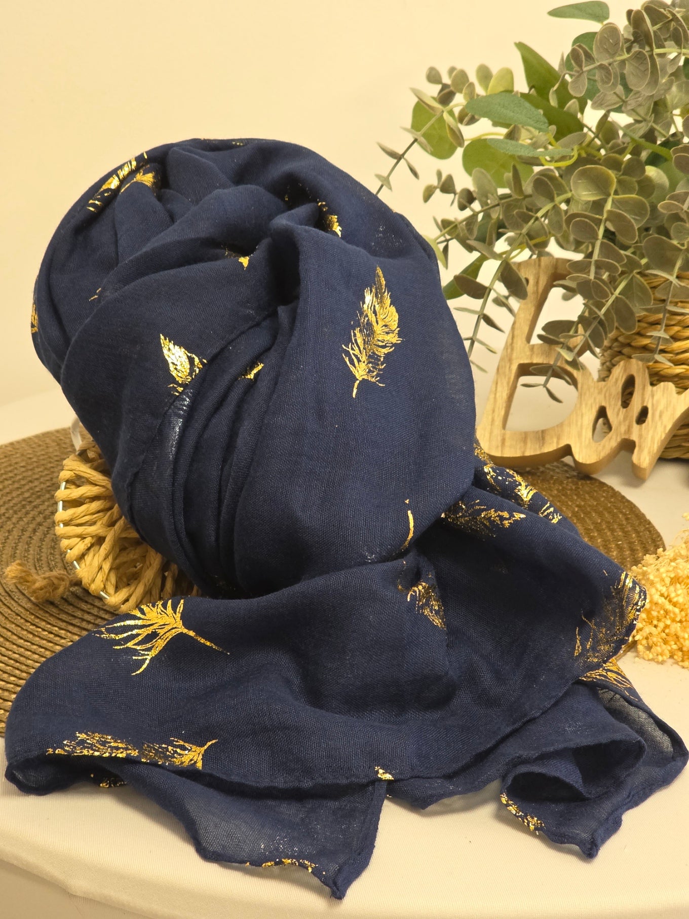 Foulard Femme Automne Hiver Marine à Feuille Doré