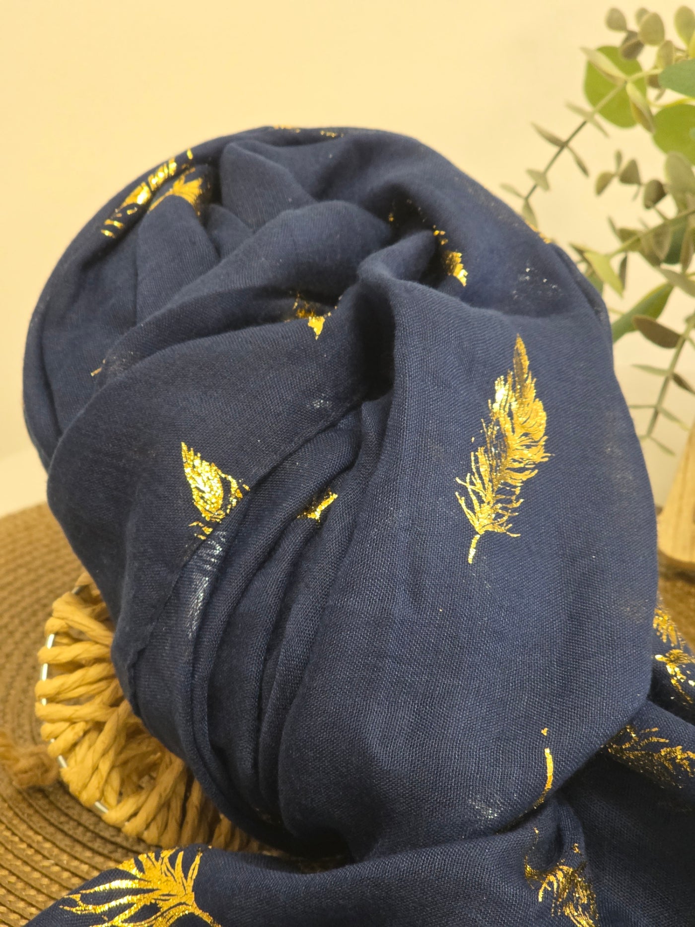 Foulard Femme Automne Hiver Marine à Feuille Doré