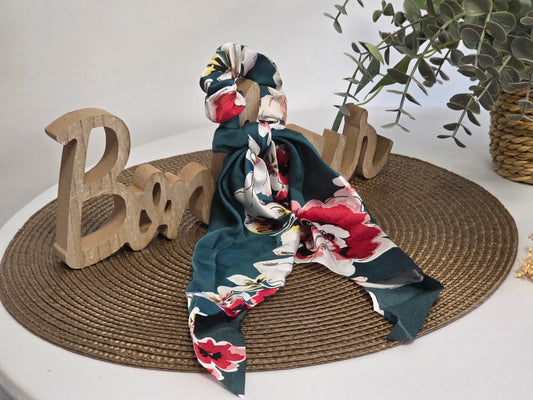 Le Chouchou Foulard Bleu Canard fleurie Rose