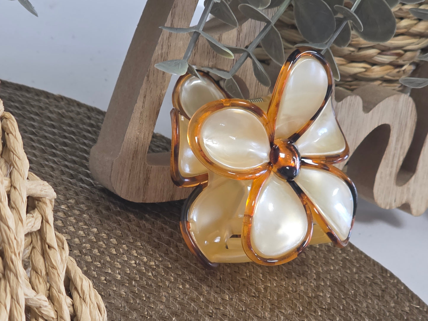 Pince à Cheveux Fleur Beige Nacré Léopard