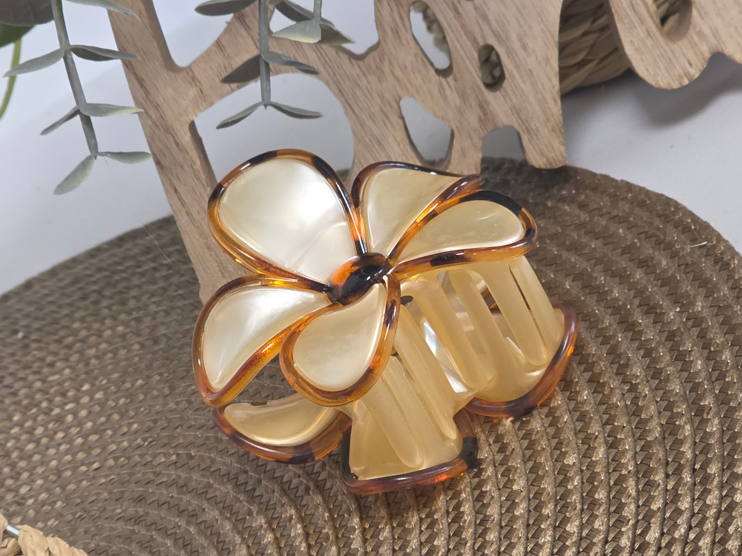 Pince à Cheveux Fleur Beige Nacré Léopard