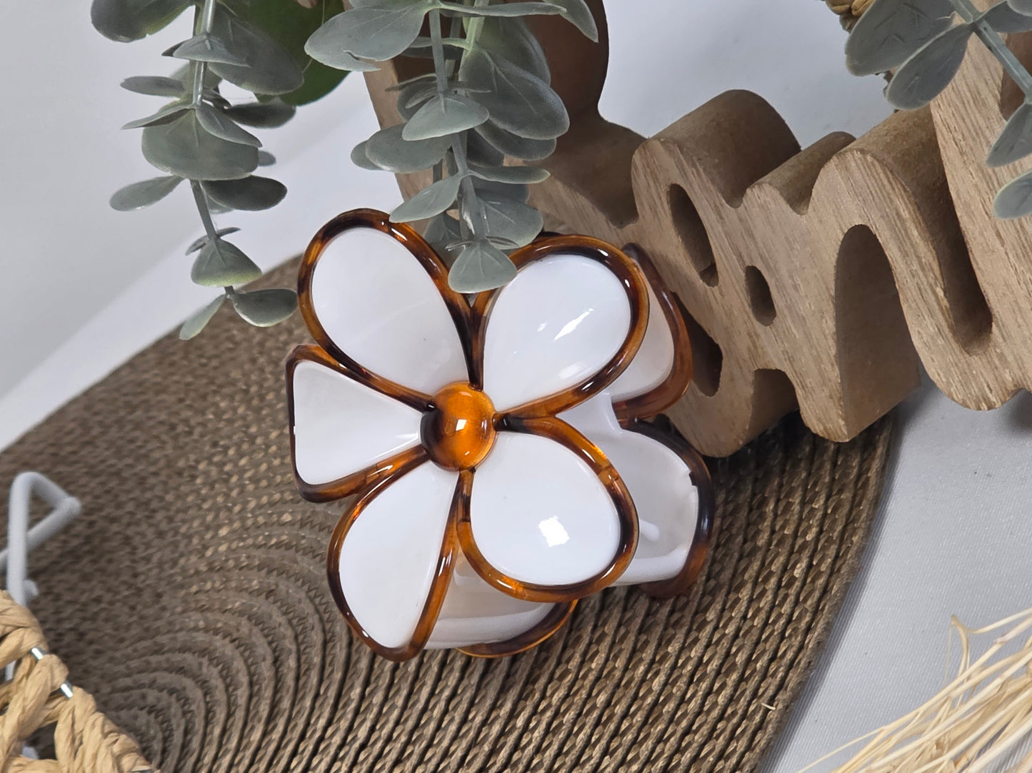 Pince à Cheveux Fleur Blanc nacré Léopard