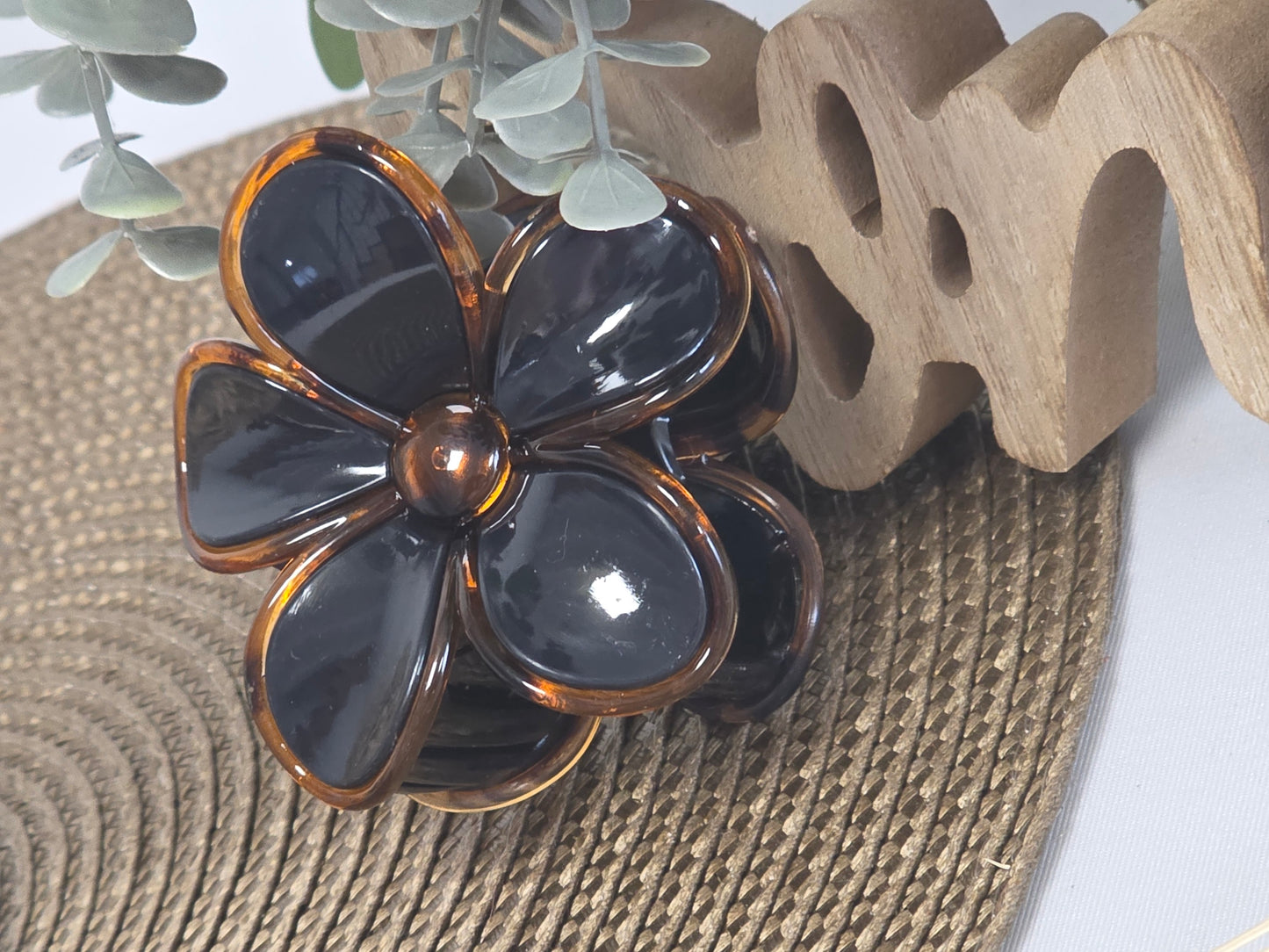 Pince à Cheveux Fleur Noir Nacré Léopard