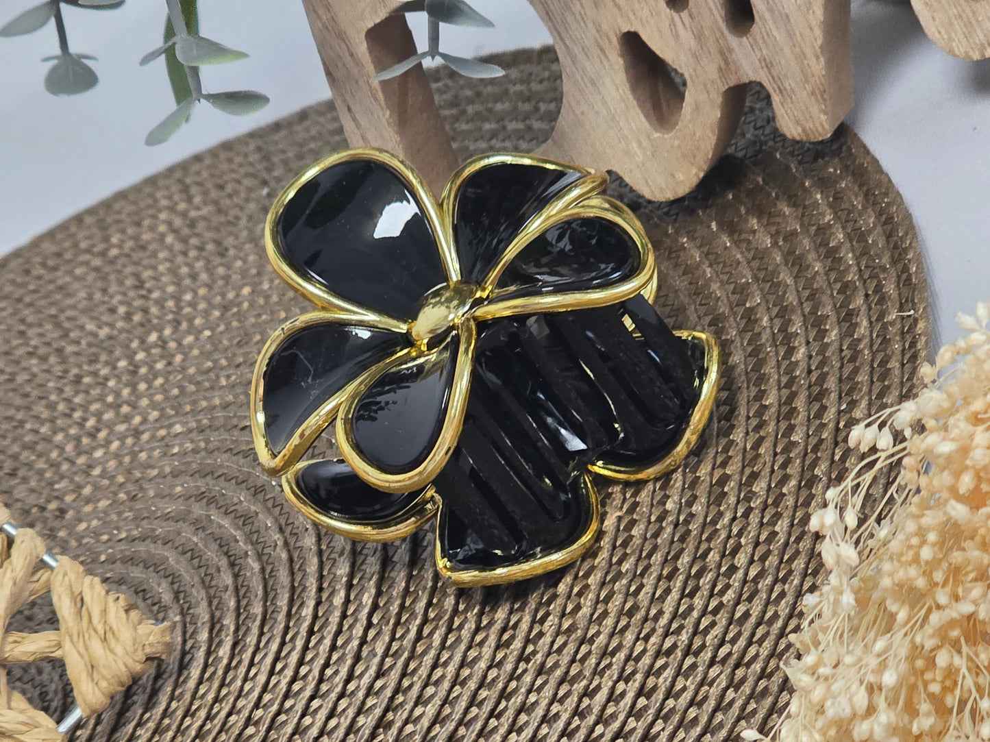 Pince à Cheveux Fleur Noir Nacré Doré