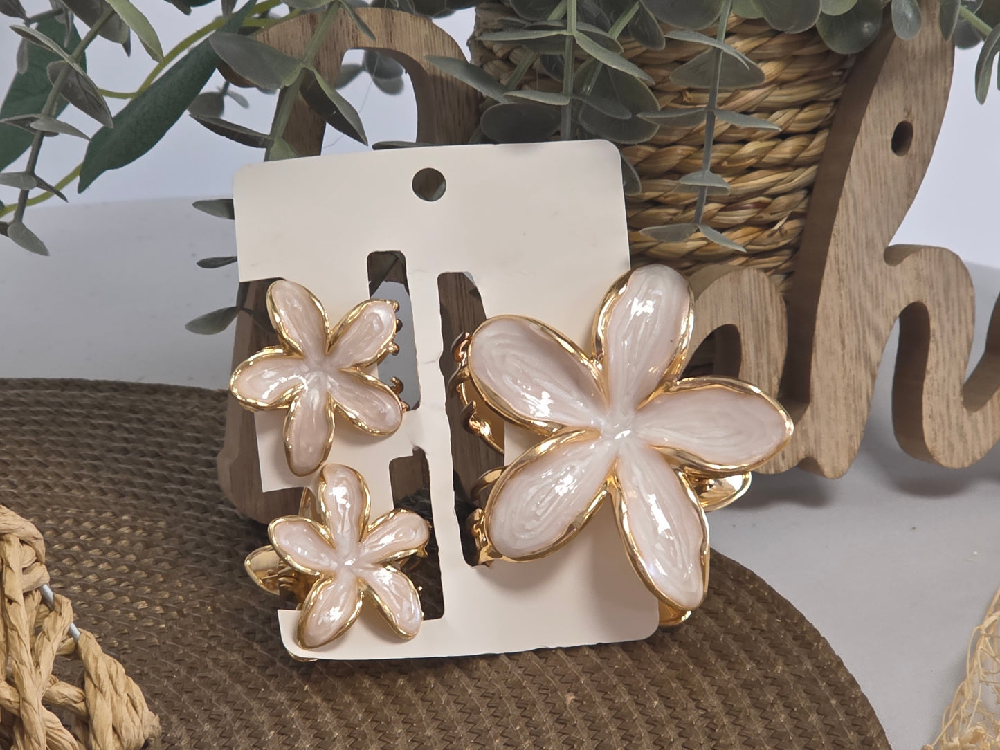 La Pince à Cheveux fleur métallisé Beige Nacré Doré - Lot de 3 Pinces
