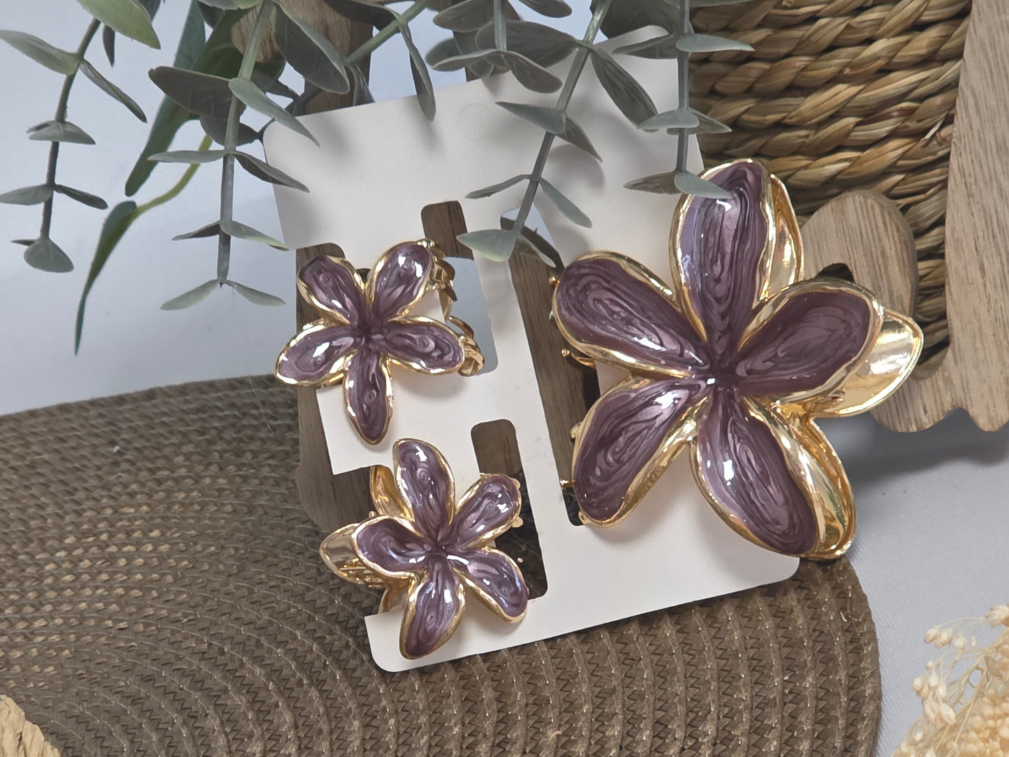 Pince à Cheveux Fleur métallisé Violine Nacré Doré - Lot de 3