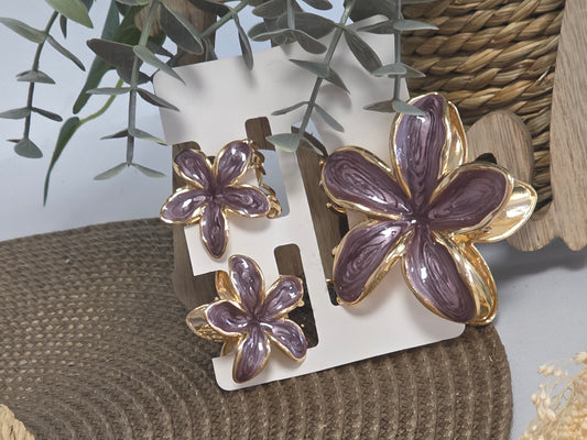 Pince à Cheveux Fleur métallisé Violine Nacré Doré - Lot de 3