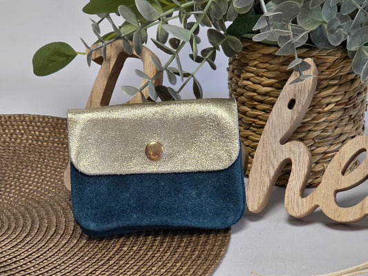 Petit Porte Monnaie Cuir Daim Bleu Canard