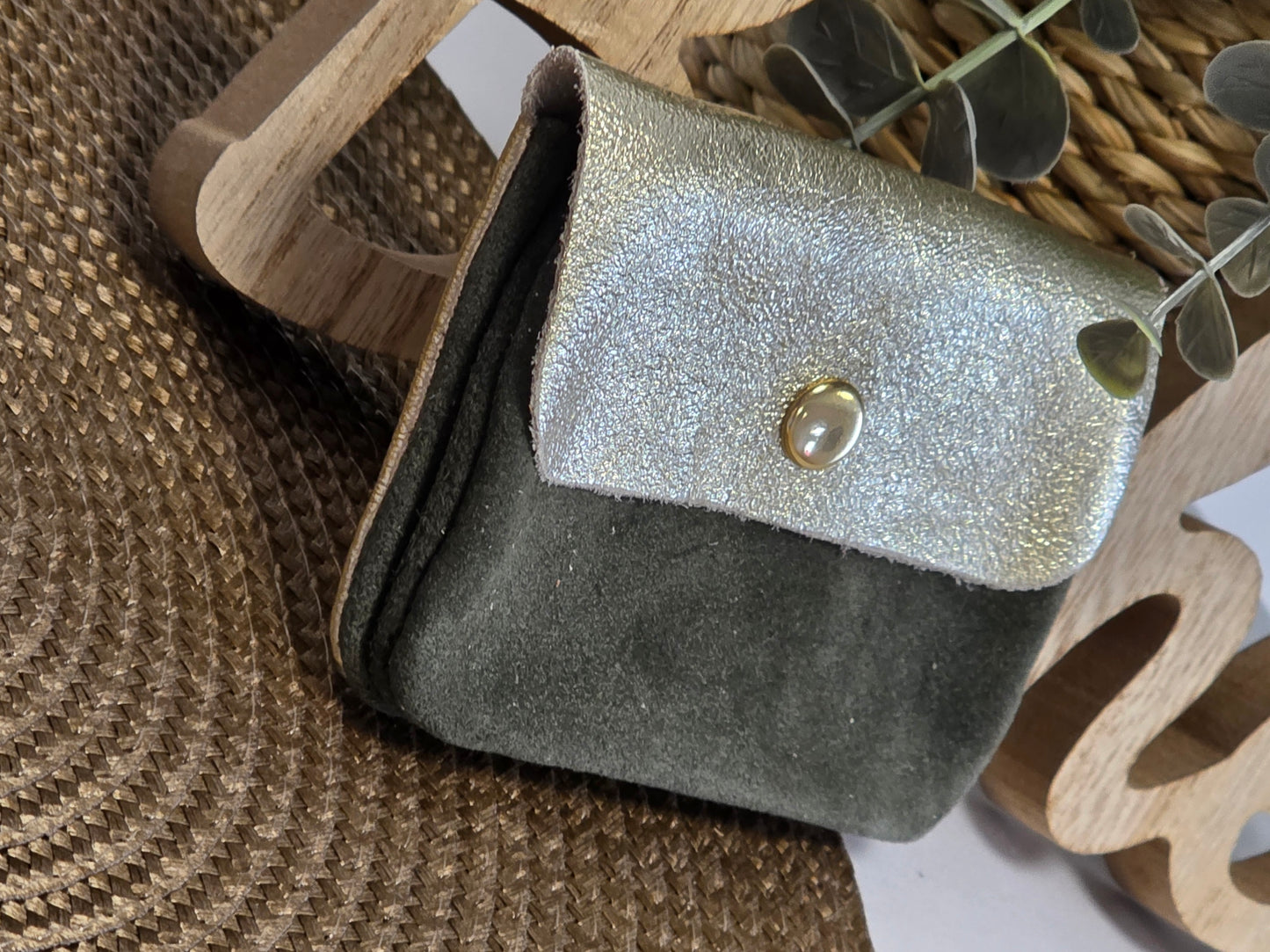 Petit Porte Monnaie Cuir Daim Kaki Foncé