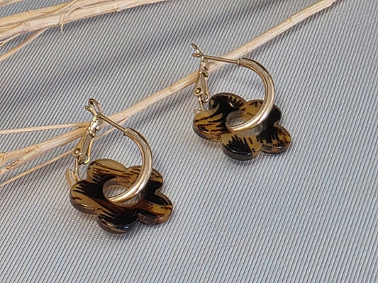 Notre Collection de Bijoux - Boucle d'Oreille Fleur Noir Zébré Camel