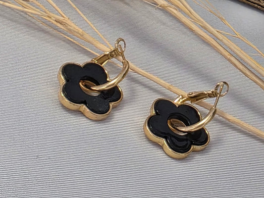 Notre collection de Bijoux - Boucle d'Oreille Fleur Noir Doré