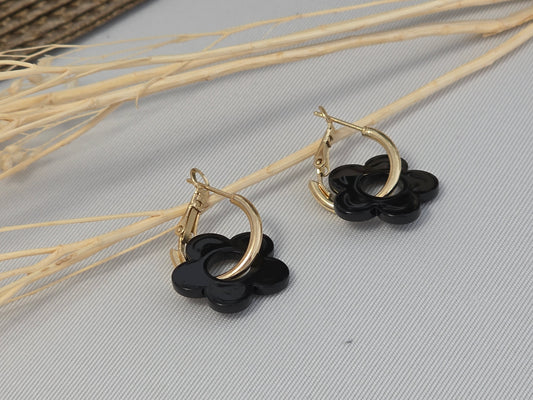 Notre Collection de Bijoux - Boucle d'Oreille Fleur Noir