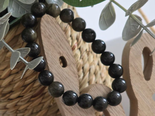 Notre Collection de Bijoux - Bracelet Elasticité Perle Obsidienne Dorée Noir