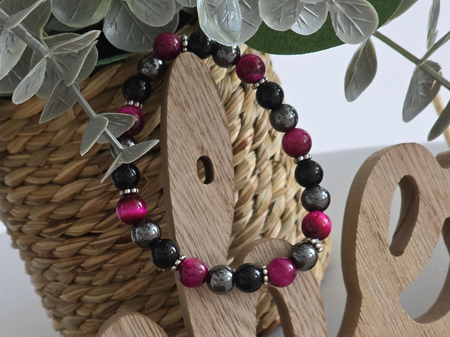 Notre Collection de Bijoux - Bracelet Elasticité Perle Œil de Tigre Noir Rose