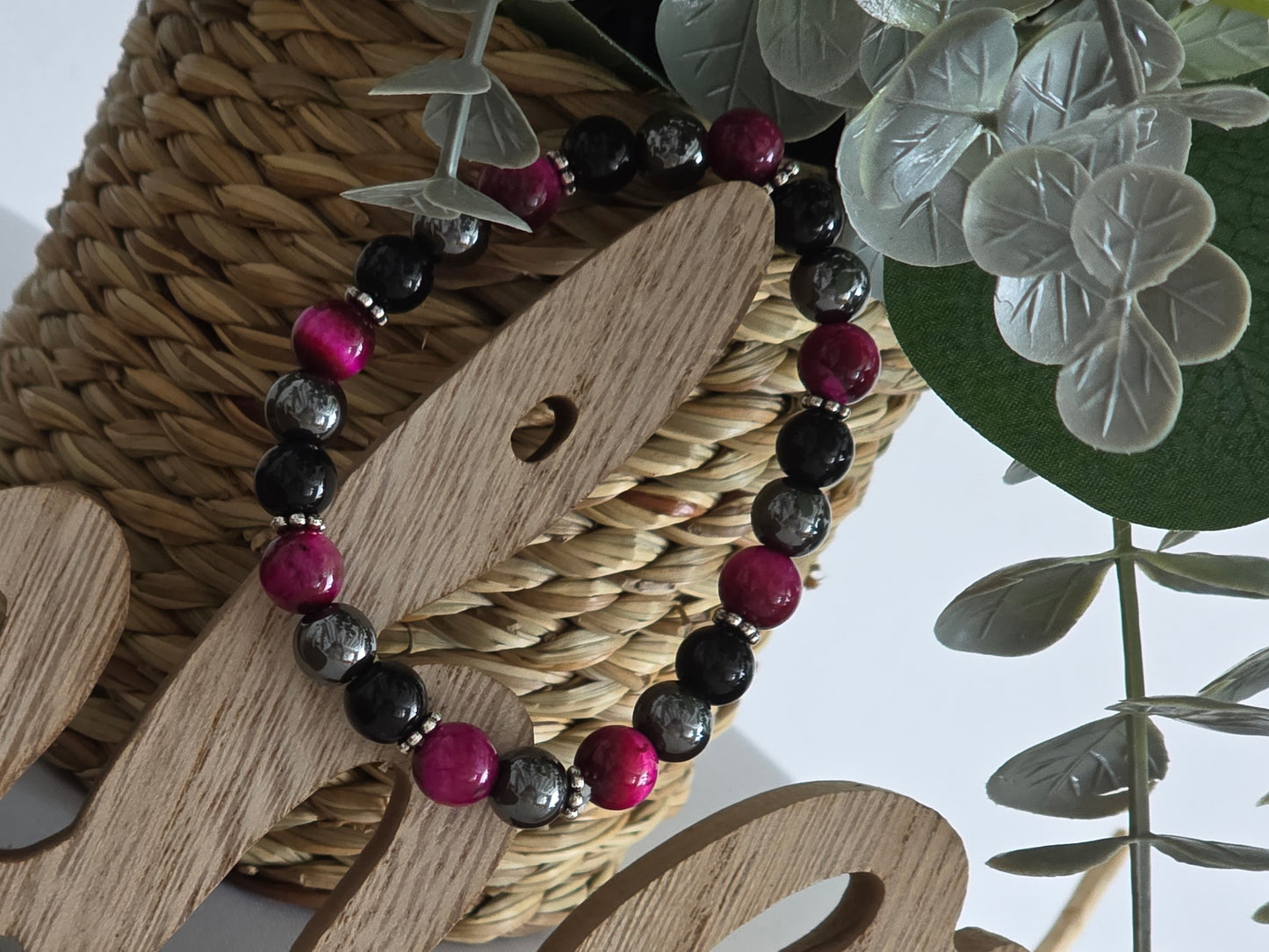 Notre Collection de Bijoux - Bracelet Elasticité Perle Œil de Tigre Noir Rose