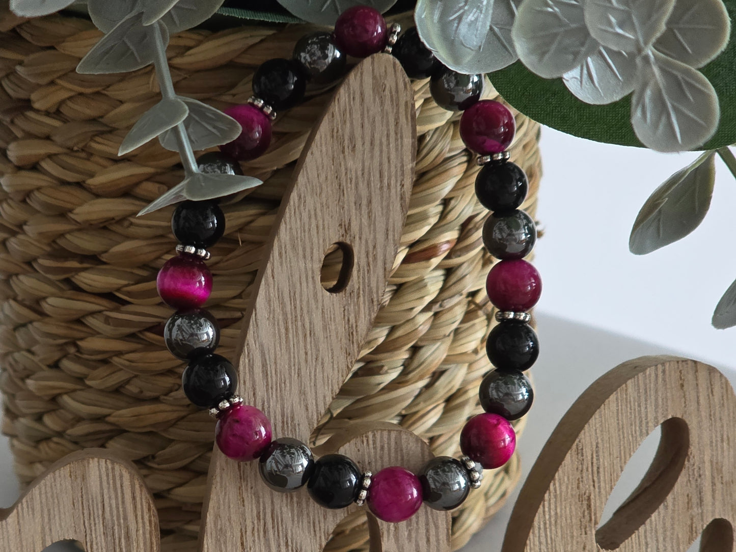Notre Collection de Bijoux - Bracelet Elasticité Perle Œil de Tigre Noir Rose