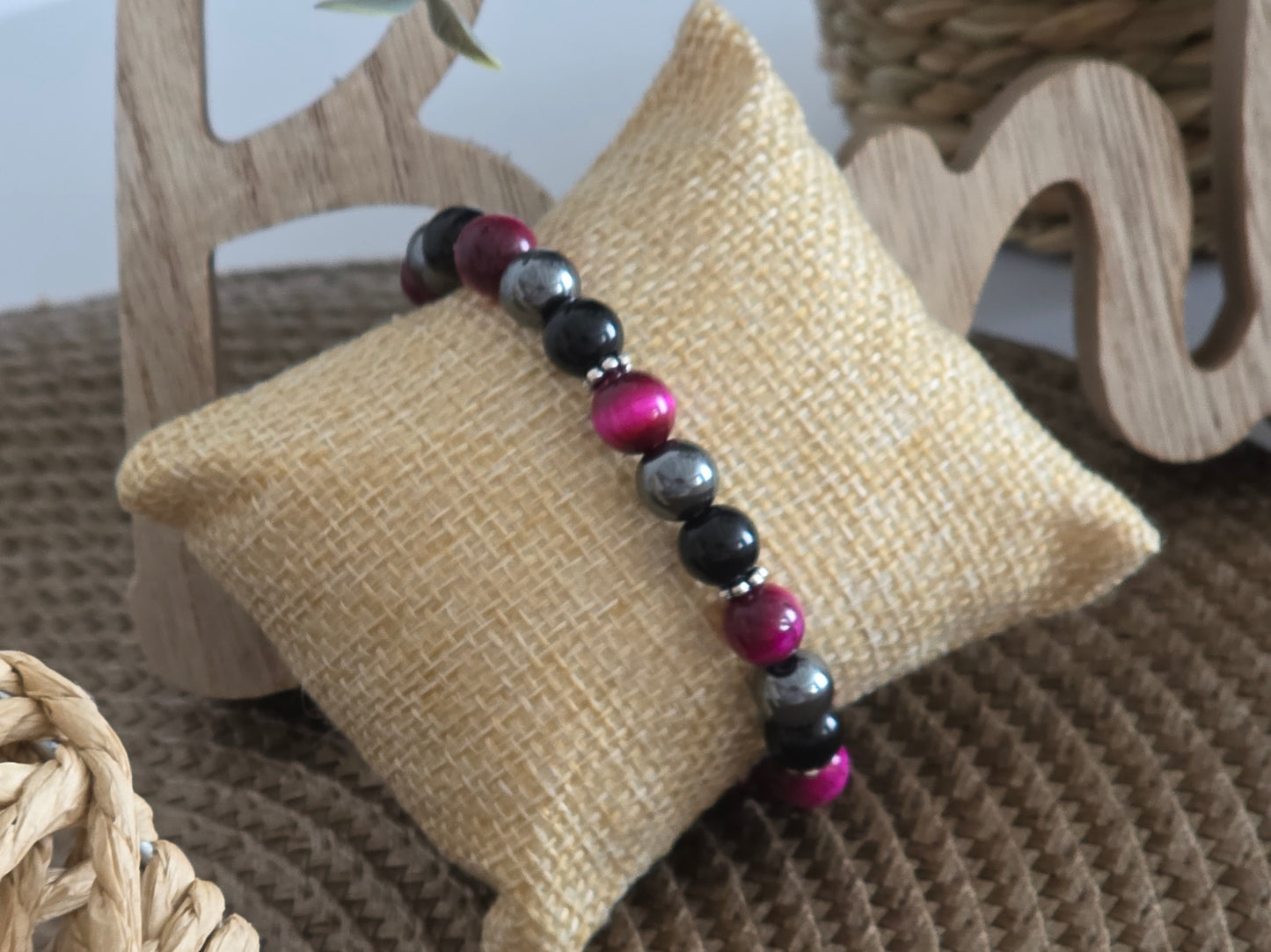 Notre Collection de Bijoux - Bracelet Elasticité Perle Œil de Tigre Noir Rose