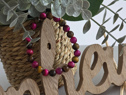 Bracelet Elasticité Perle Œil de Tigre Marron Rose