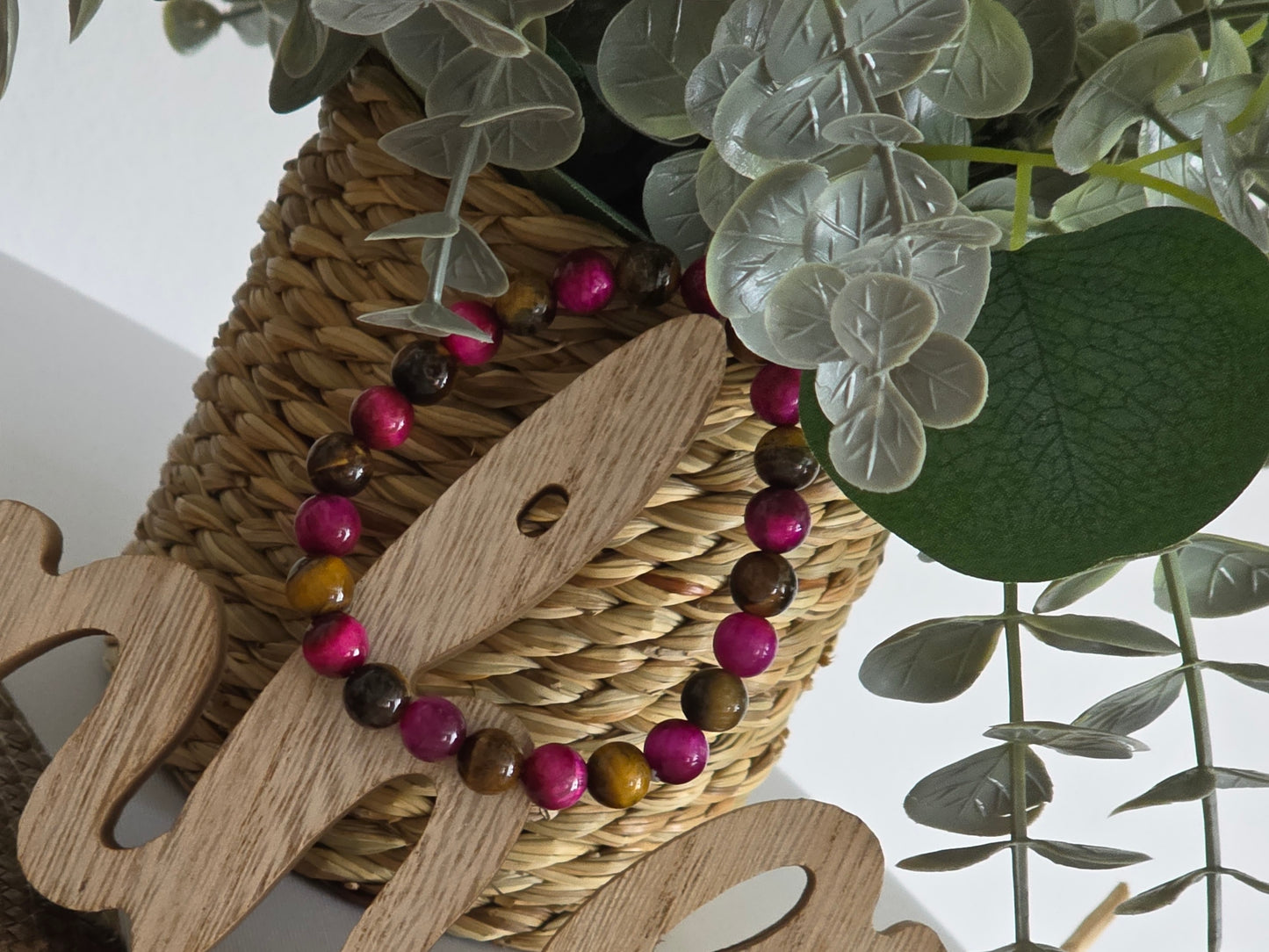 Bracelet Elasticité Perle Œil de Tigre Marron Rose