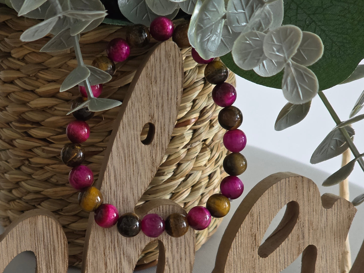 Bracelet Elasticité Perle Œil de Tigre Marron Rose