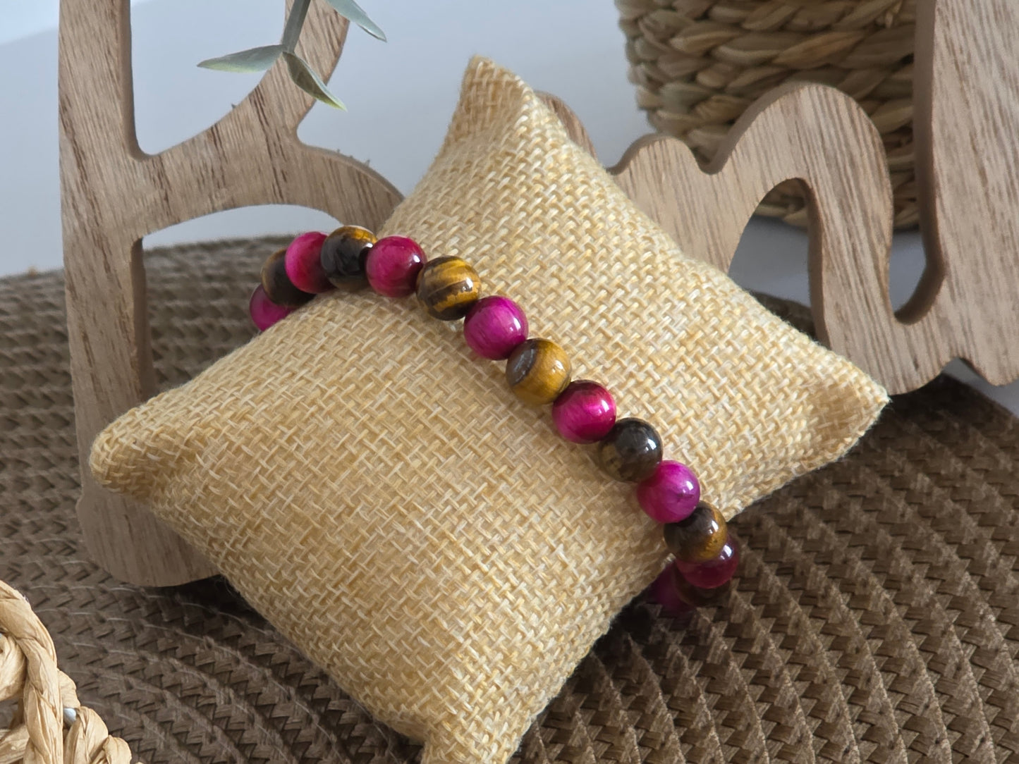 Bracelet Elasticité Perle Œil de Tigre Marron Rose