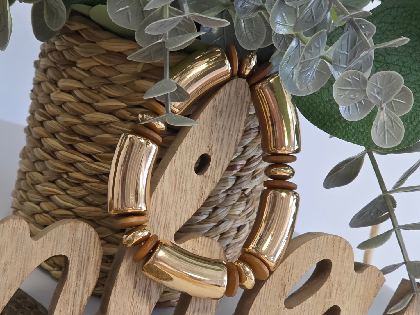 Bracelet Jonc Bois Beige et Doré