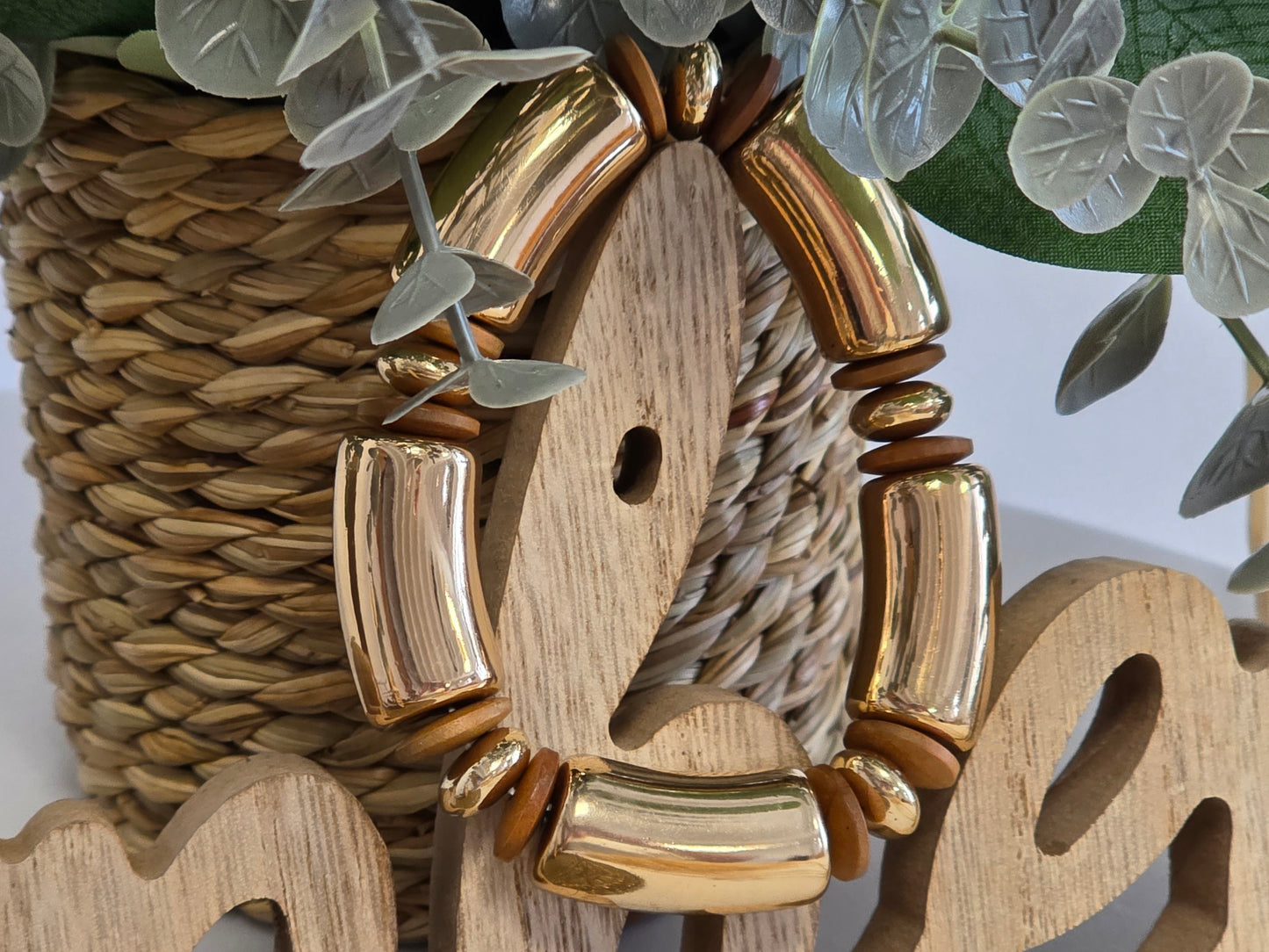 Bracelet Jonc Bois Beige et Doré